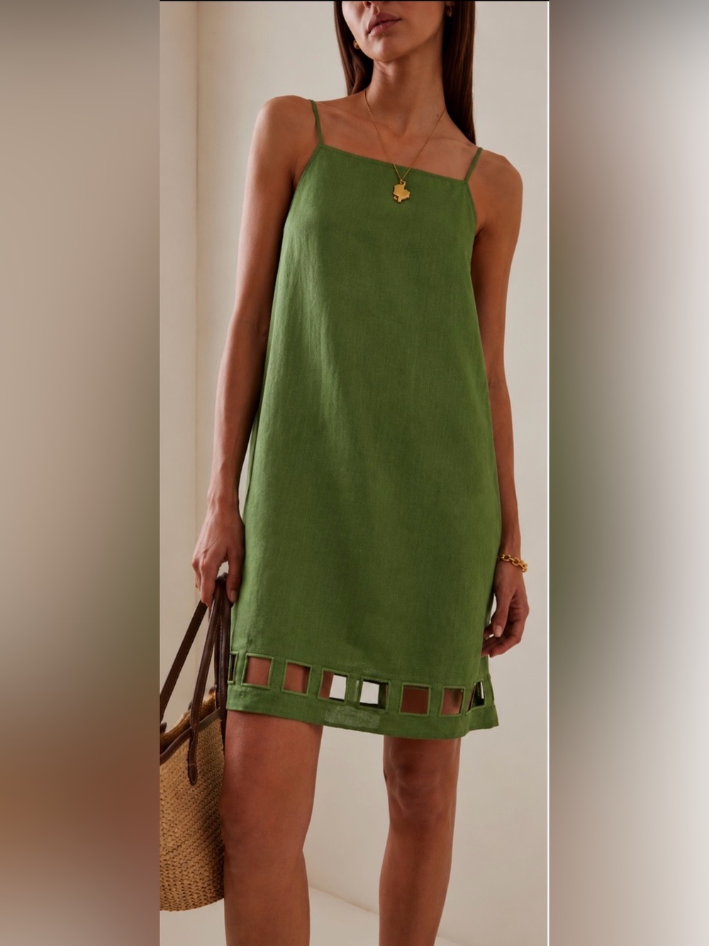 Magaschoni Olive Green Linen Slip Dress with Cutout Hem XS .